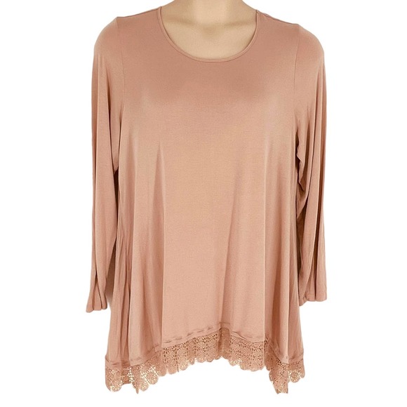 LOGO by Lori Goldstein 1X Knit Top with Lace Trim Dusty Pink Long Sleeve Casual - Picture 1 of 5